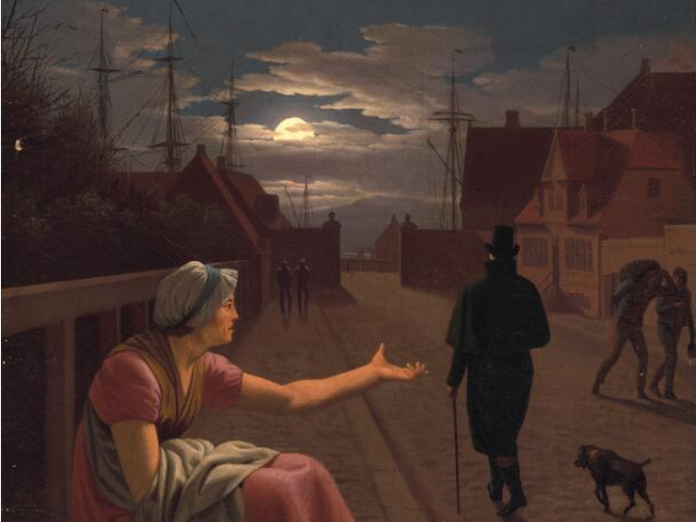 Maleri af fattig kvinde der tigger