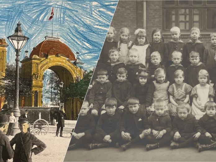 Collage, bestående af et farvelagt sort/hvid foto og et sort/hvidt klassebillede