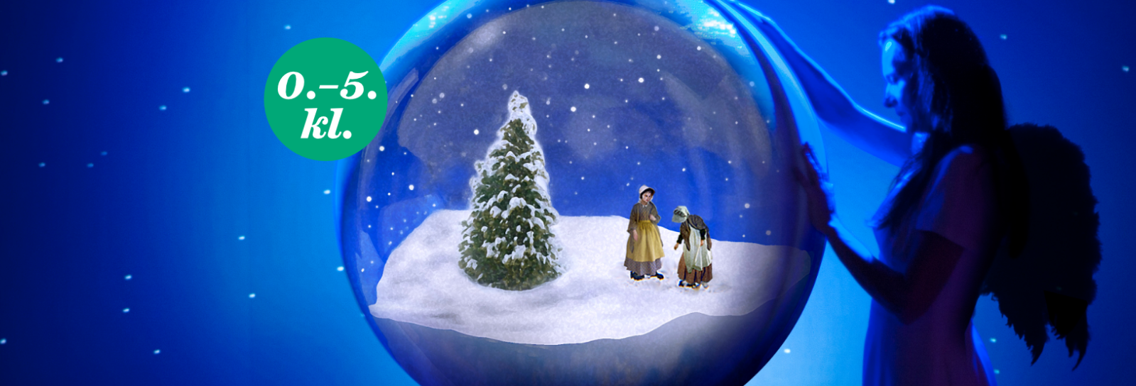 En engel vogter en stor julekugle hvor der er et vinterlandskab med to små piger i