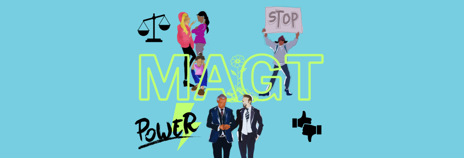 MAGT Logo med med illustrationer af mennesker og ioner der refererer til magt i forskellige kontekster 