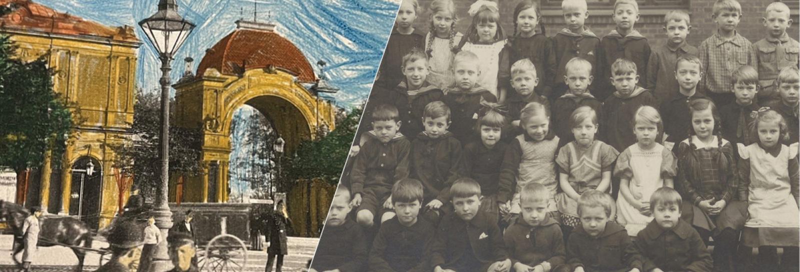 Collage, bestående af et farvelagt sort/hvid foto og et sort/hvidt klassebillede