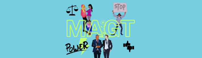 MAGT Logo med med illustrationer af mennesker og ioner der refererer til magt i forskellige kontekster
