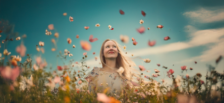 En glad pige står i en valmuemark med blomster, der flyver rundt i luften over hende