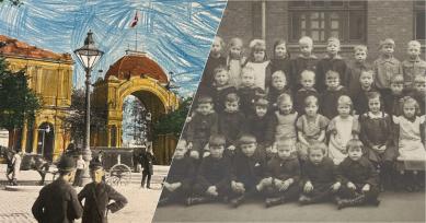 Collage, bestående af et farvelagt sort/hvid foto og et sort/hvidt klassebillede